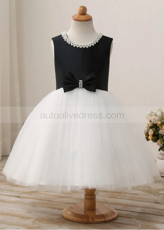 Beaded Black Satin Ivory Tulle Flower Girl Dress With Bow